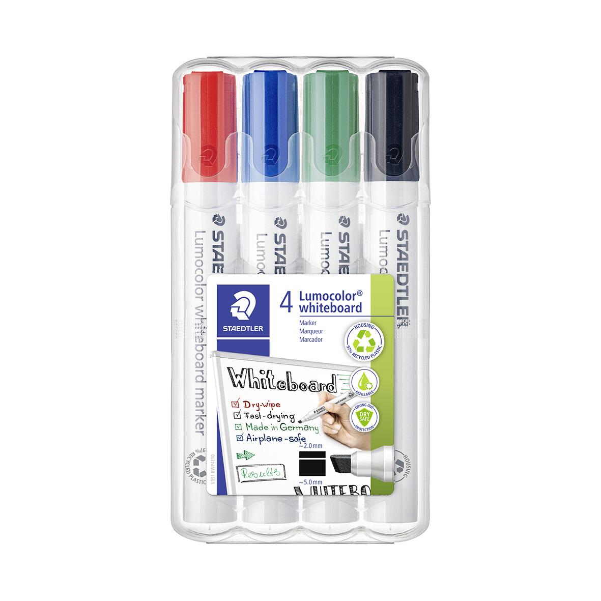 Set med fyra färgade whiteboardpennor i plastfodral, blå, röd, grön och svart, med 2-5mm spets