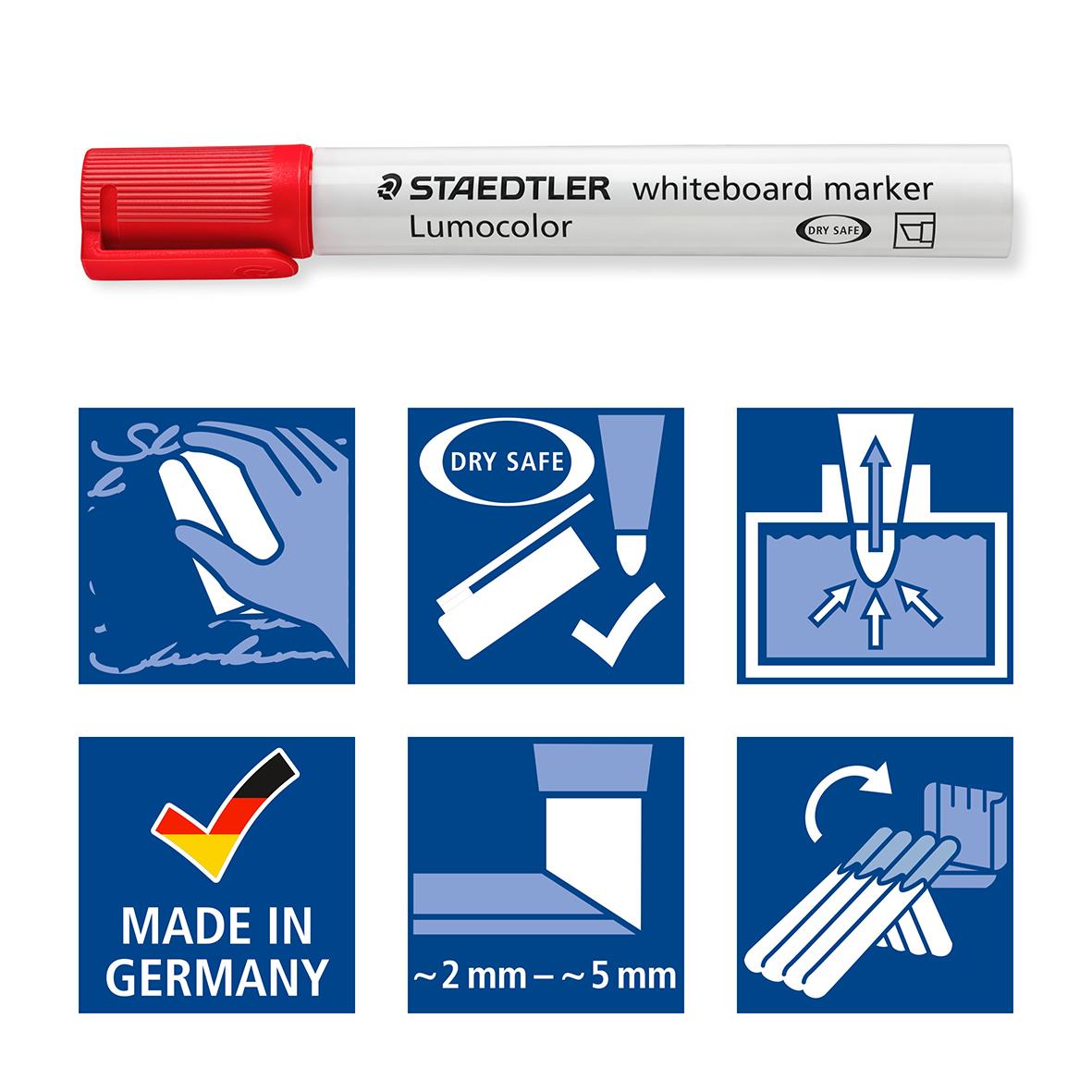 Vitwhiteboardpenna Staedtler Lumocolor med 4 färger, 2-5mm, med skydd för torkning, tillverkad i Tyskland