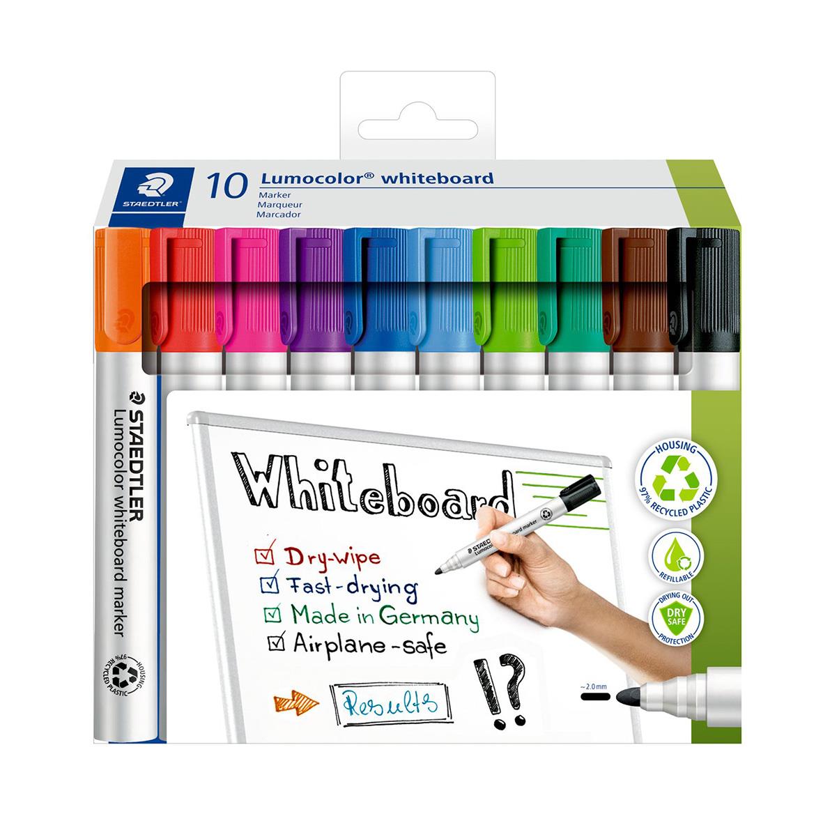Set med 10 färgglada whiteboardpennor Staedtler Lumocolor med rund 2mm spets