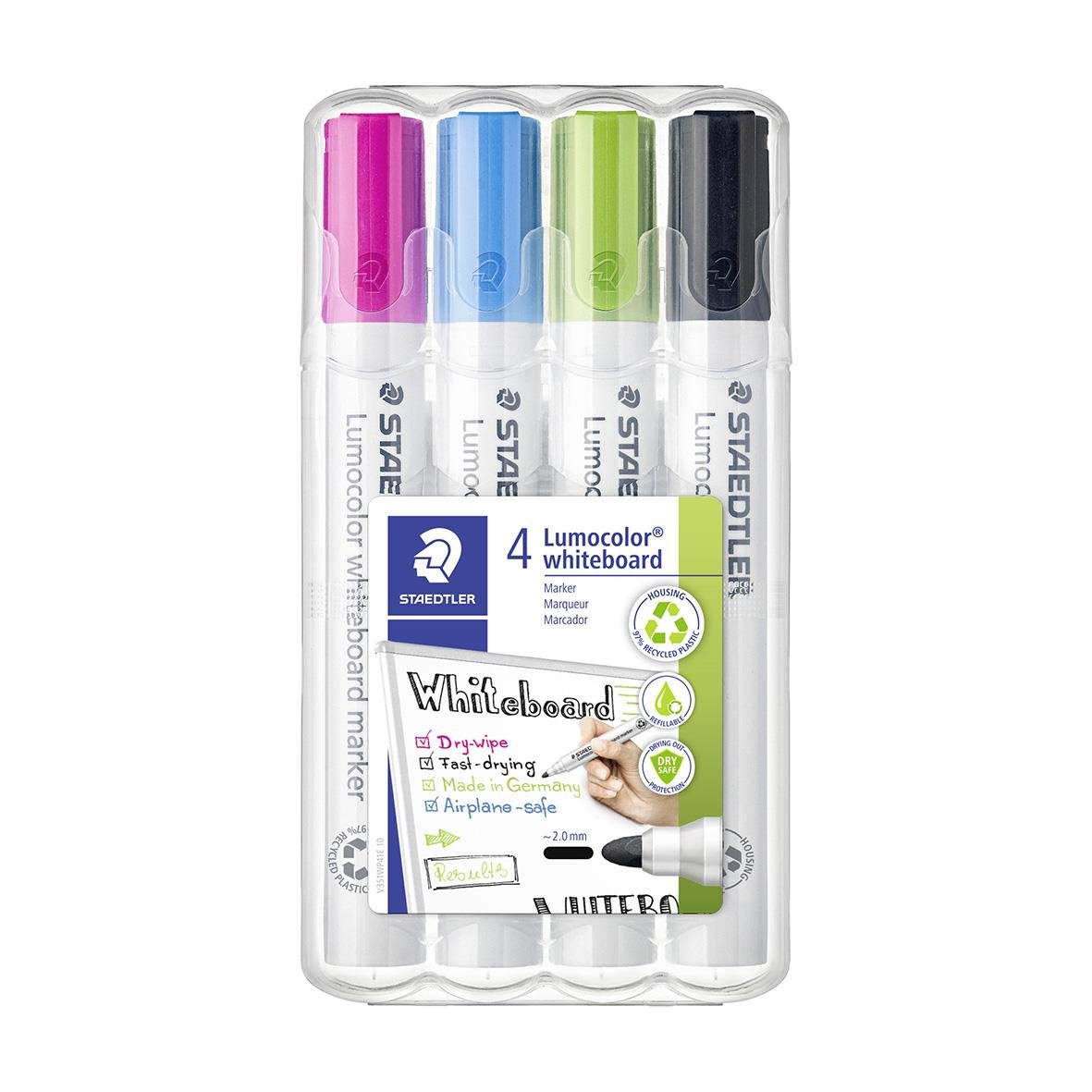 Set med fyra neonfärgade whiteboardpennor från Staedtler Lumocolor Rund 2mm