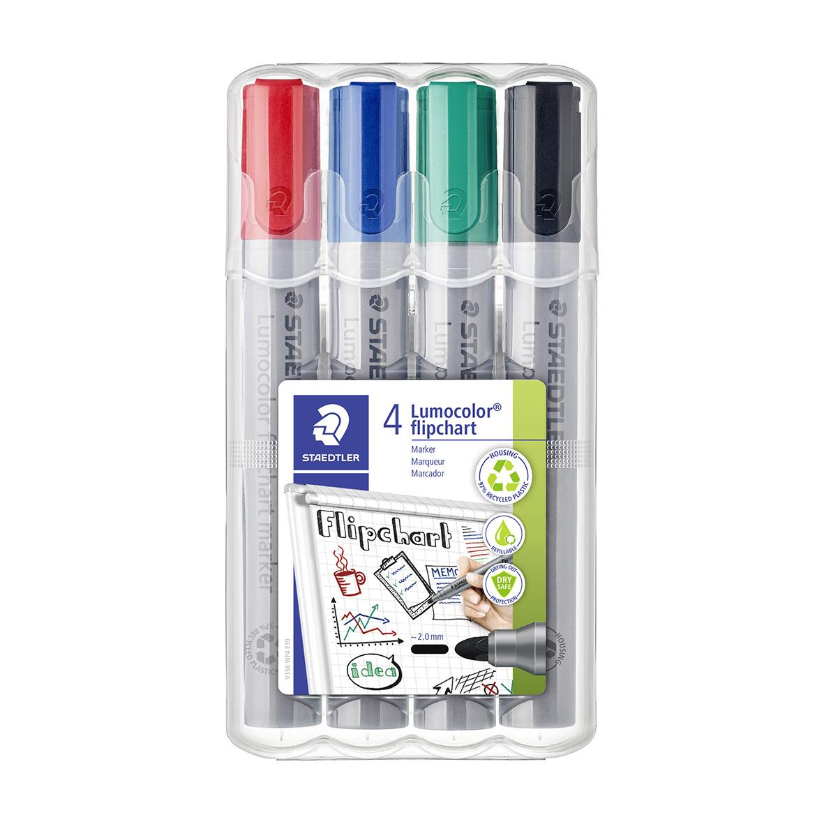 Blädderblockspenna Staedtler Lumocolor rund 4-färger, 2mm, i plastfodral med fyra färger: röd, blå, grön och svart.