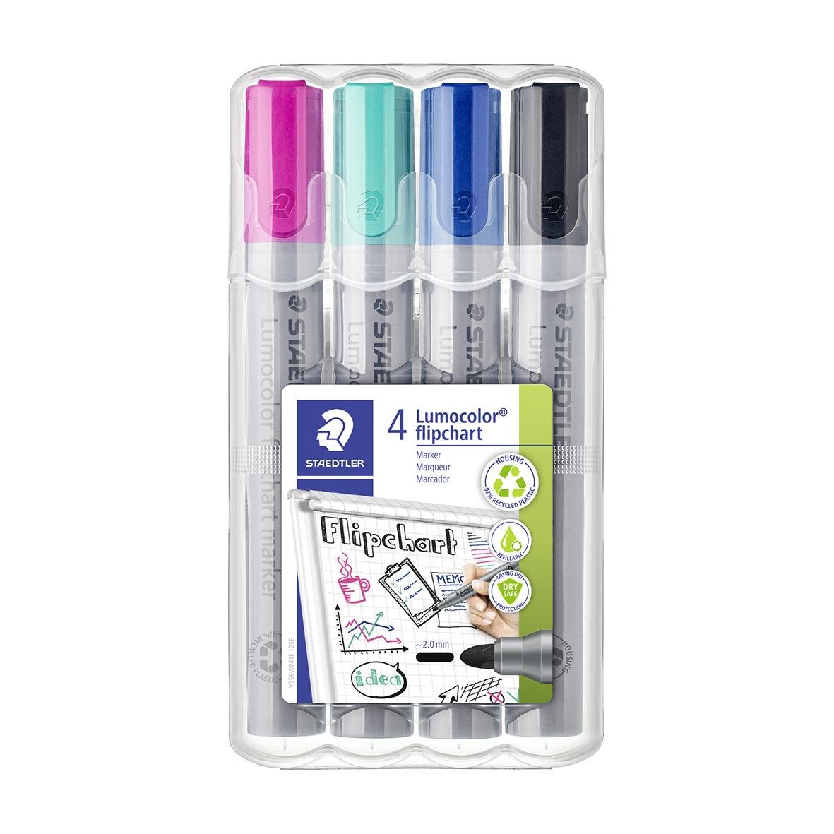 Set med fyra neonfärgade blädderblockspennor Staedtler Lumocolor Rund 2mm