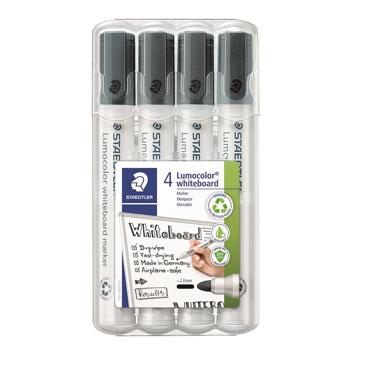 Svart whiteboardpenna Staedtler Lumocolor Rund 2mm i förpackning med fyra pennor