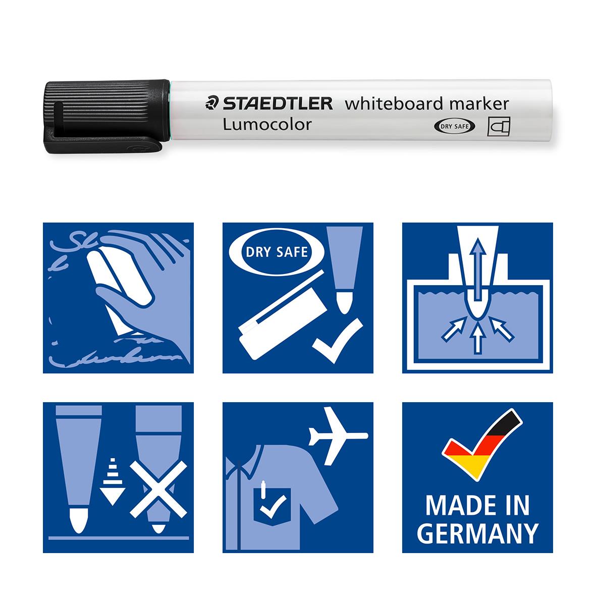 Svart whiteboardpenna Staedtler Lumocolor Rund 2mm med instruktioner för användning och tillverkad i Tyskland