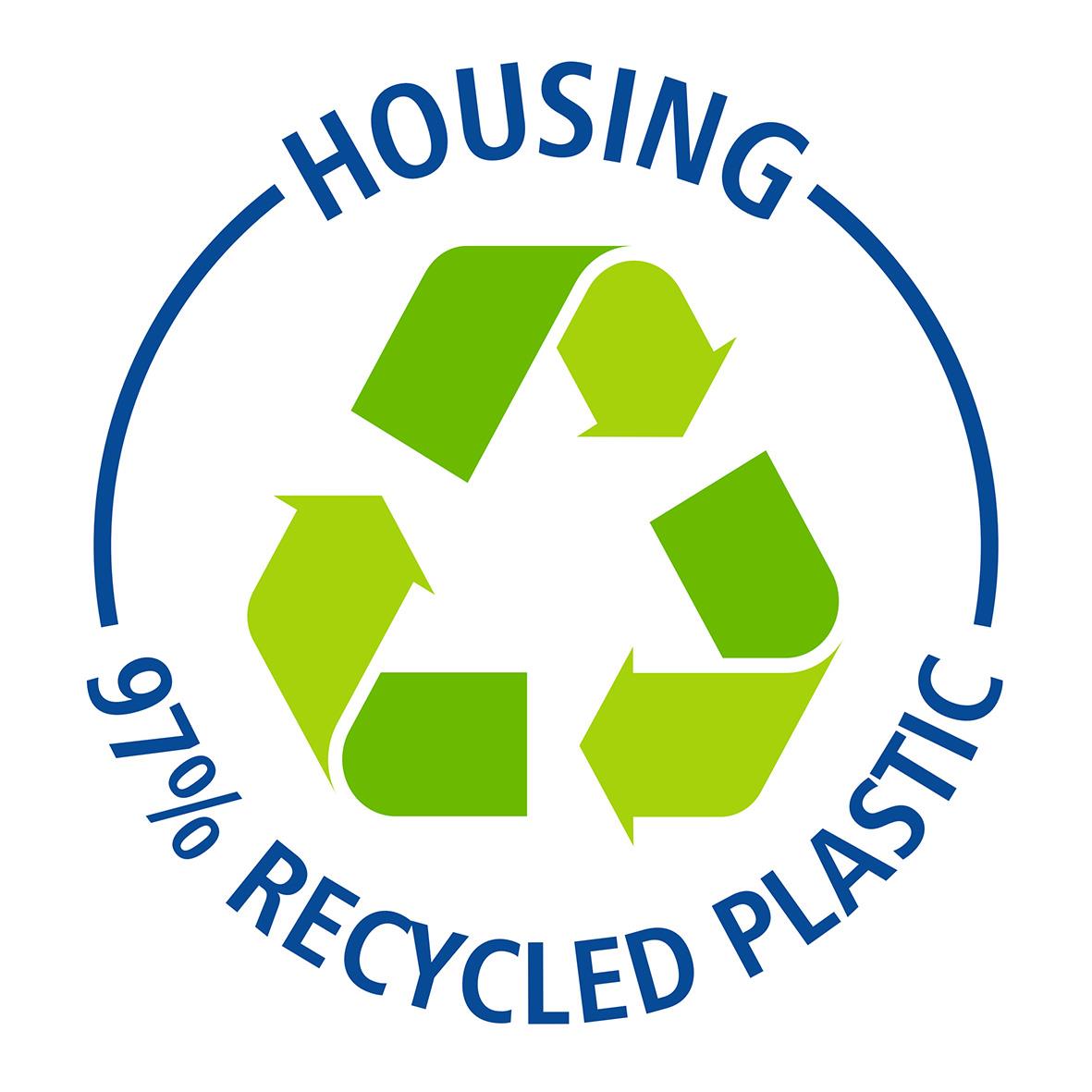 Recyclingmärke för återvunnet plastmaterial med text Housing 97% Recycled Plastic