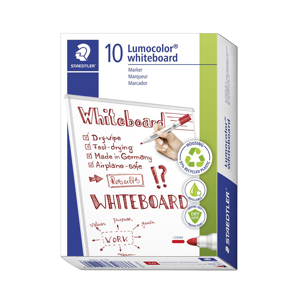 " med 10 Staedtler Lumocolor whiteboardpennor i rött, 2mm, snabbtorkande, lufttålig och miljövänlig."