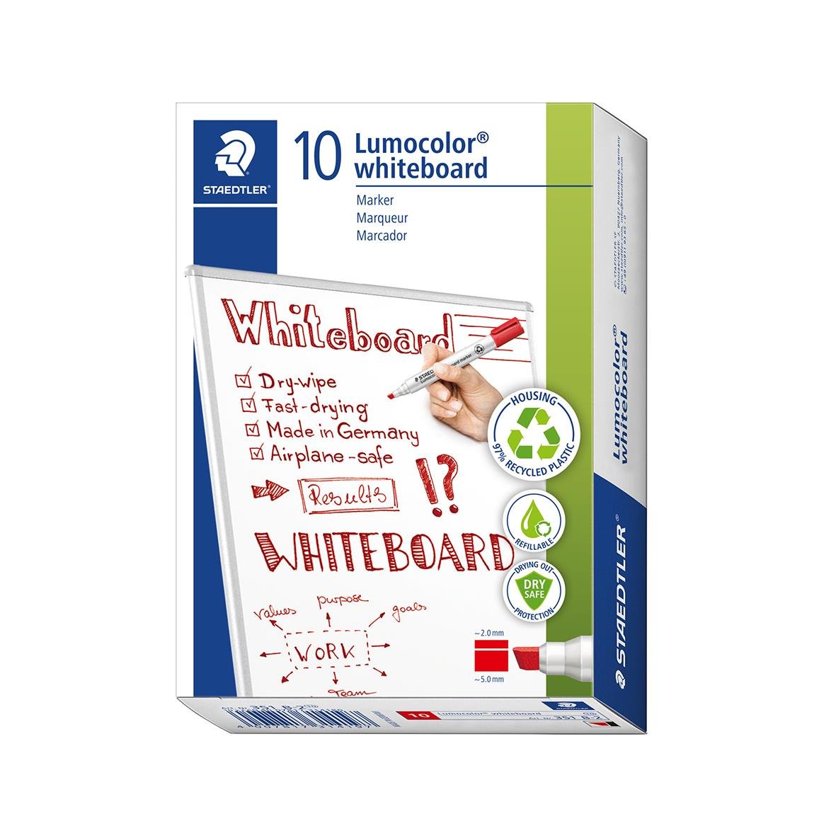 Staedtler Lumocolor whiteboardpenna 351B Skuren Röd 2-5mm, för whiteboard, snabb tork, made in Germany, lufttålig och miljövänlig