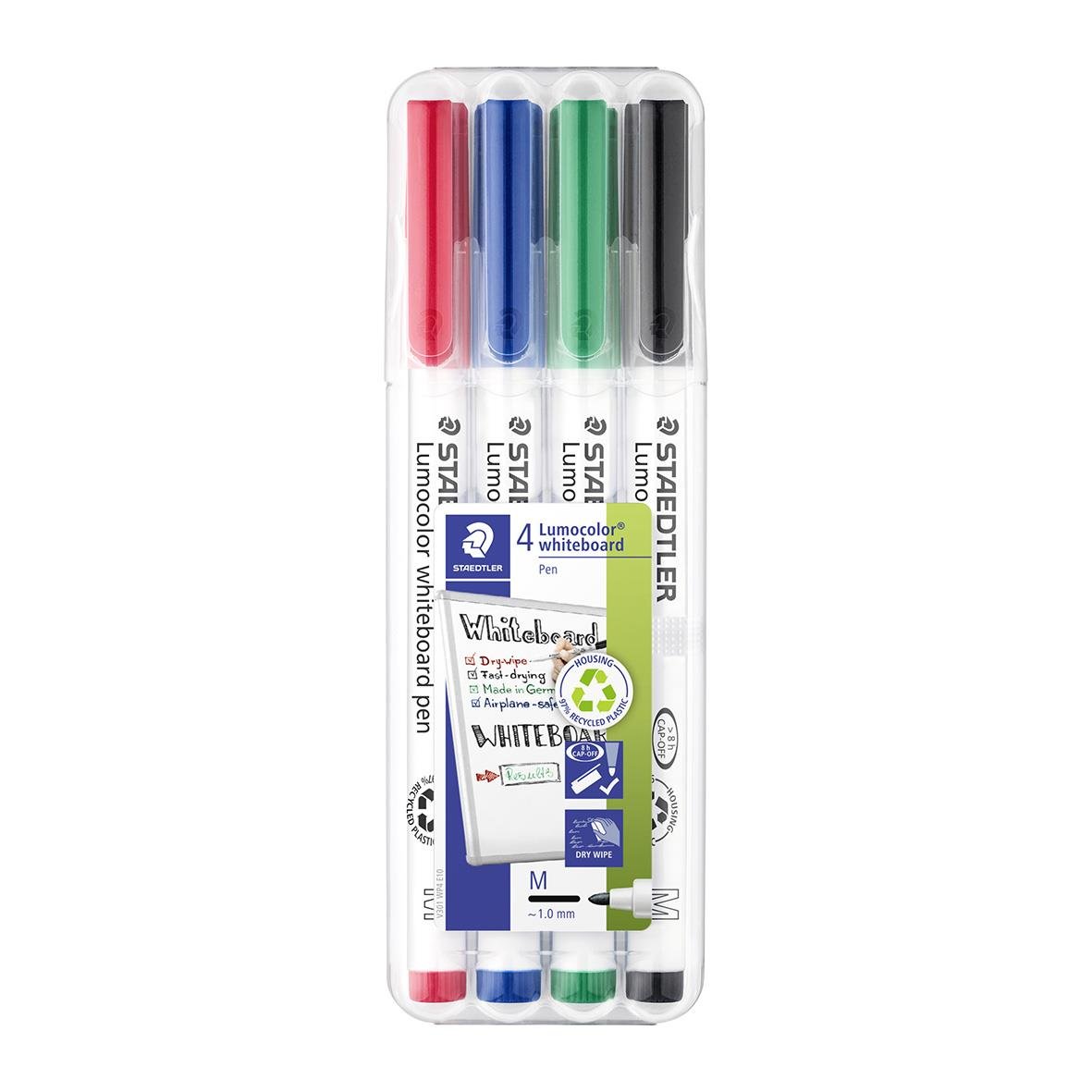 Set med fyra färgade whiteboardpennor från Staedtler Lumocolor 301 rund 1mm