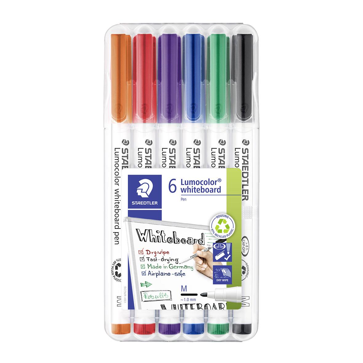 Set med sex färgade whiteboardpennor från Staedtler Lumocolor 301, rund spets 1mm
