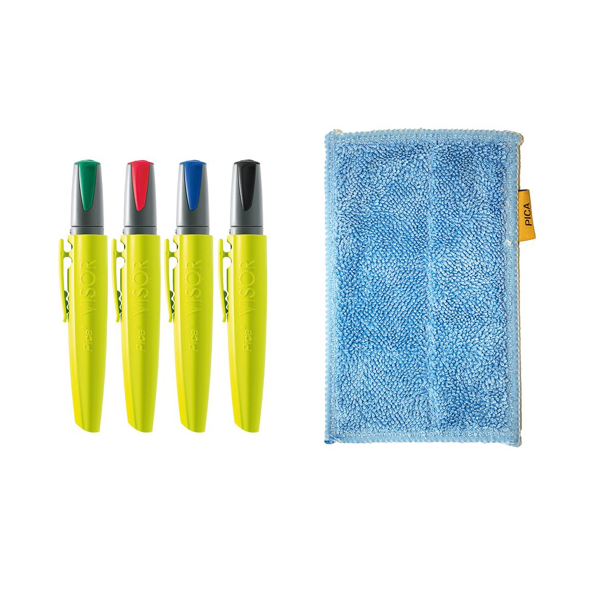 Set med fyra whiteboardpennor i olika färger och en rengöringsduk