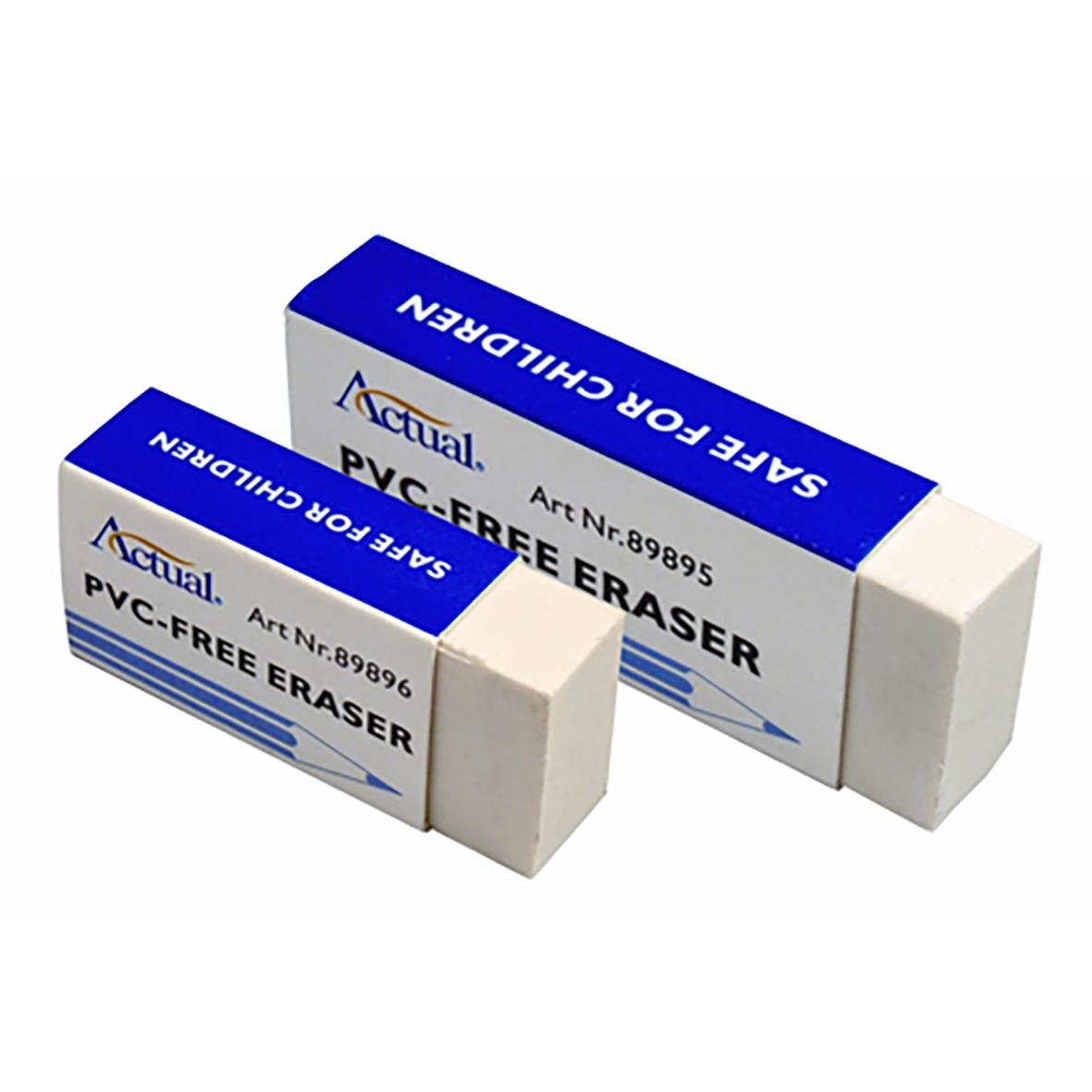 Två PVC-fria radergummi i olika storlekar, 60x22x12mm, i blå och vit förpackning