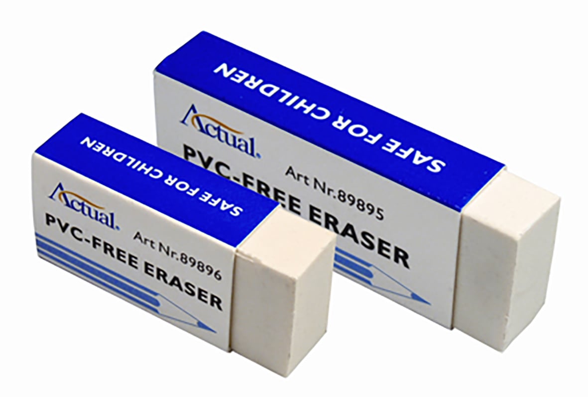 Två PVC-fria radergummi i olika storlekar, 60x22x12mm, i blå och vit förpackning