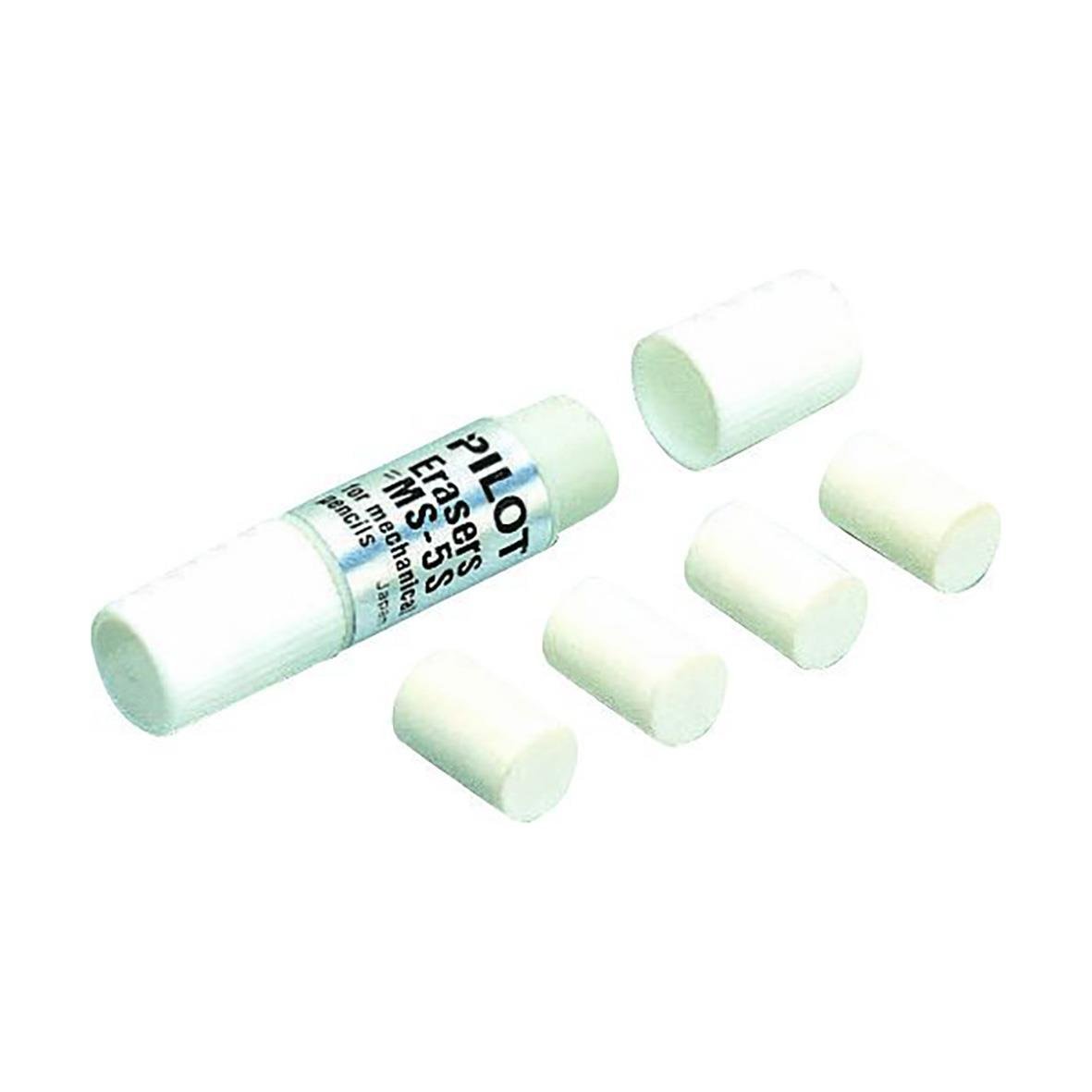 Flera vita suddgummin och en suddgummi med texten Pilot på