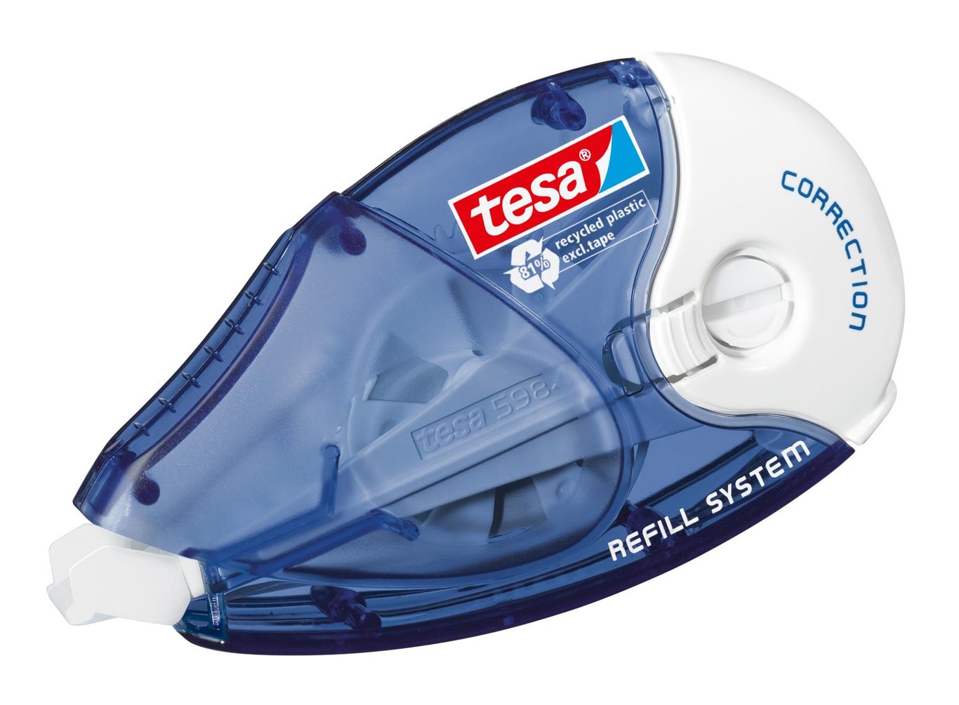 Tesa automat refill-system för korrigering med blå transparent kropp och vit justeringsknapp