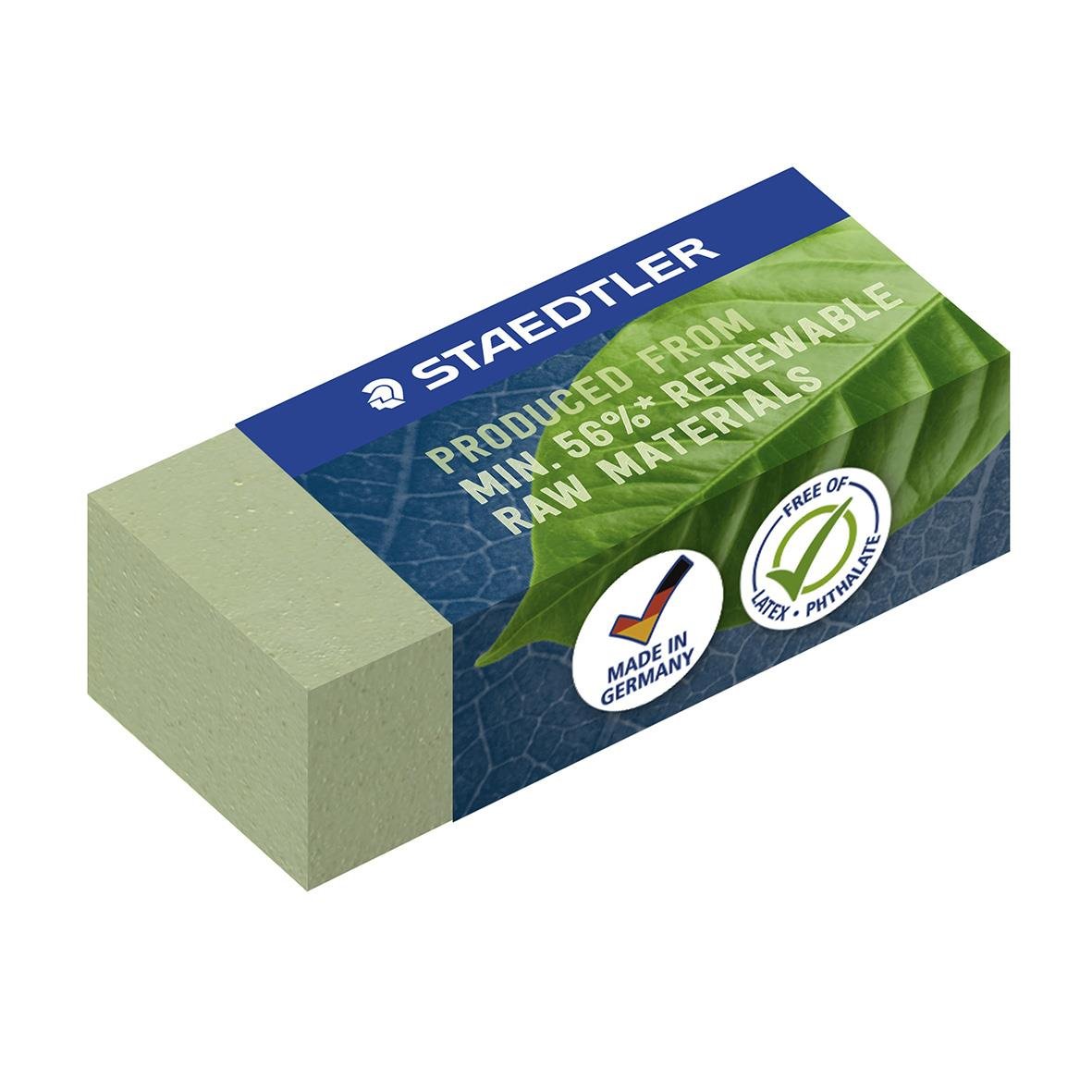 Grön radergummi från Staedtler Miljö, 43x19x13mm, tillverkad i återvinningsbara och miljövänliga material