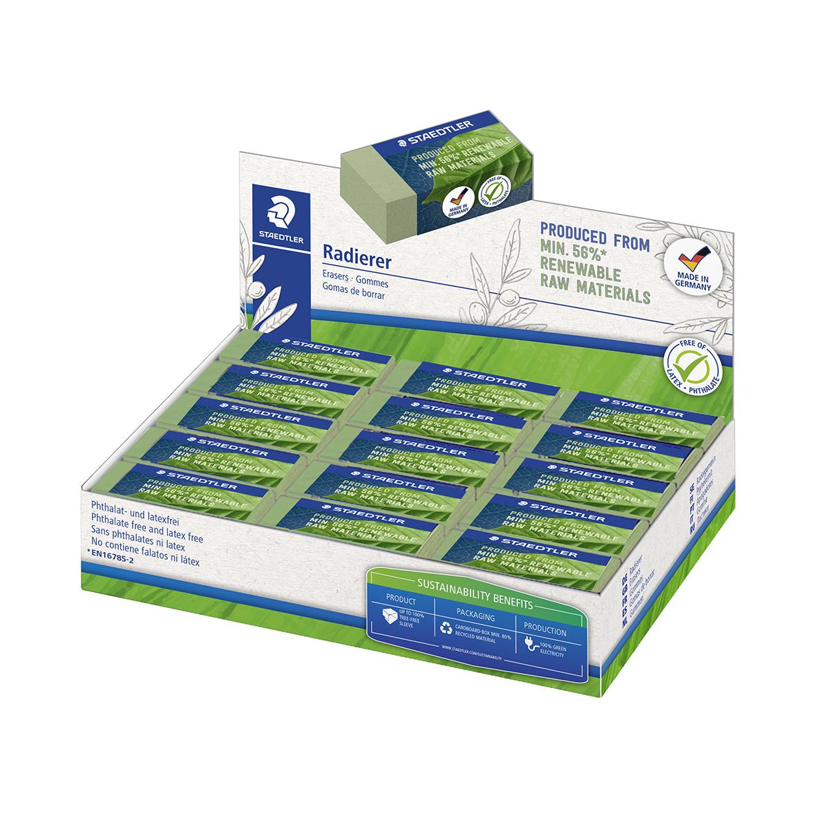 Miljövänliga Staedtler radergummi i grönt för skolor och kontor, 43x19x13mm, i displaybox