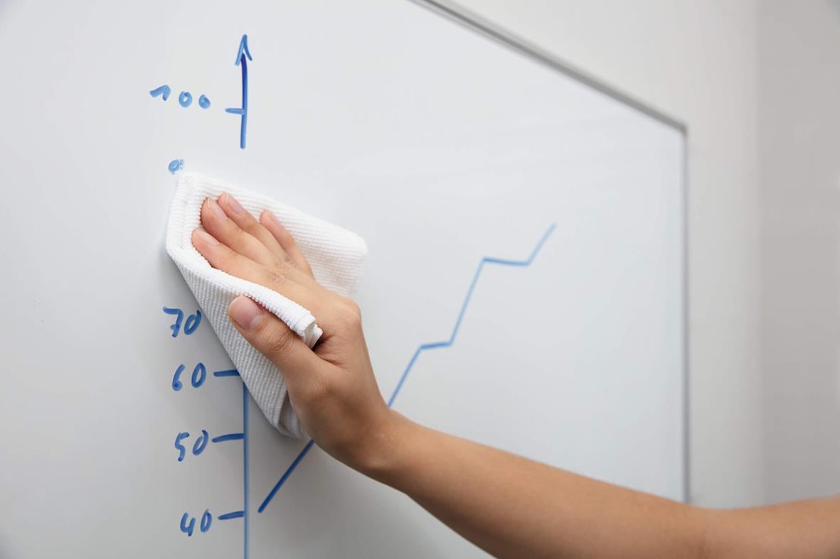Person som rengör en whiteboard med spray och duk
