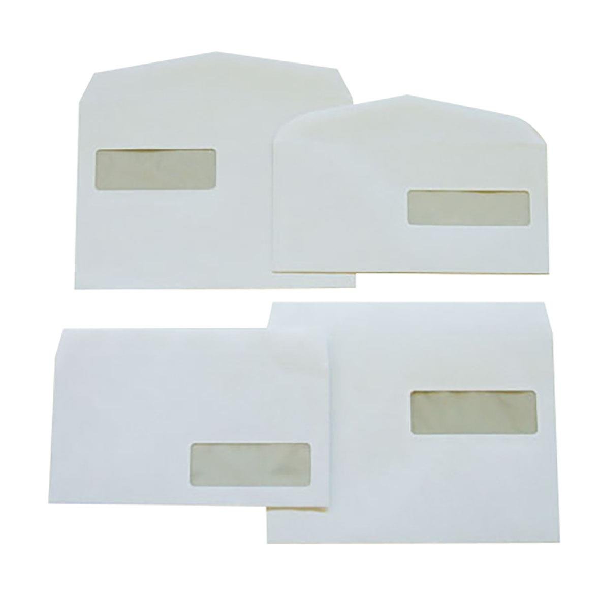 Fyra vita kuvert av olika storlekar med fönster, Sober S65 H2 FH, 90g