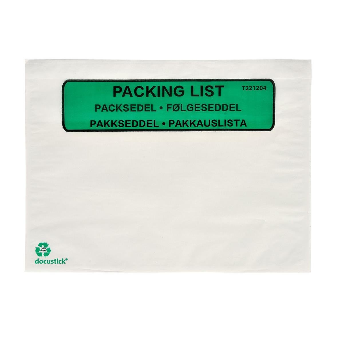 Packsedelskuvert C5 med tryckt papper och grön etikett för packningslista