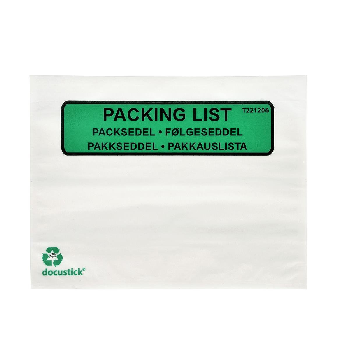 Packsedelskuvert C6 med tryckt papper och grönt etikett med text