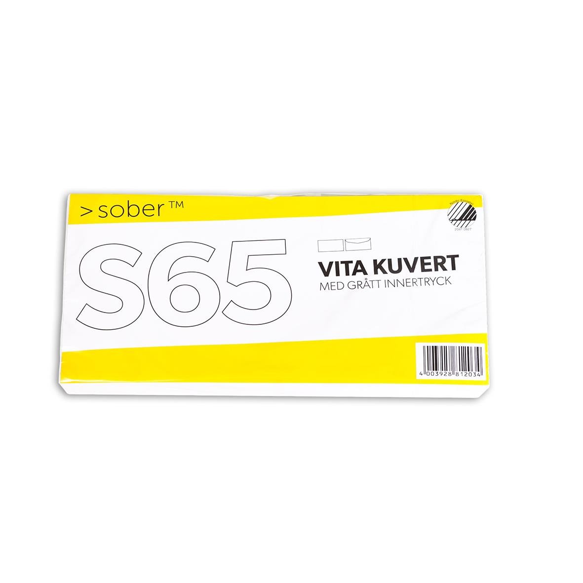Vit kuvert Sober S65 FH med grått innerfoder, 80g