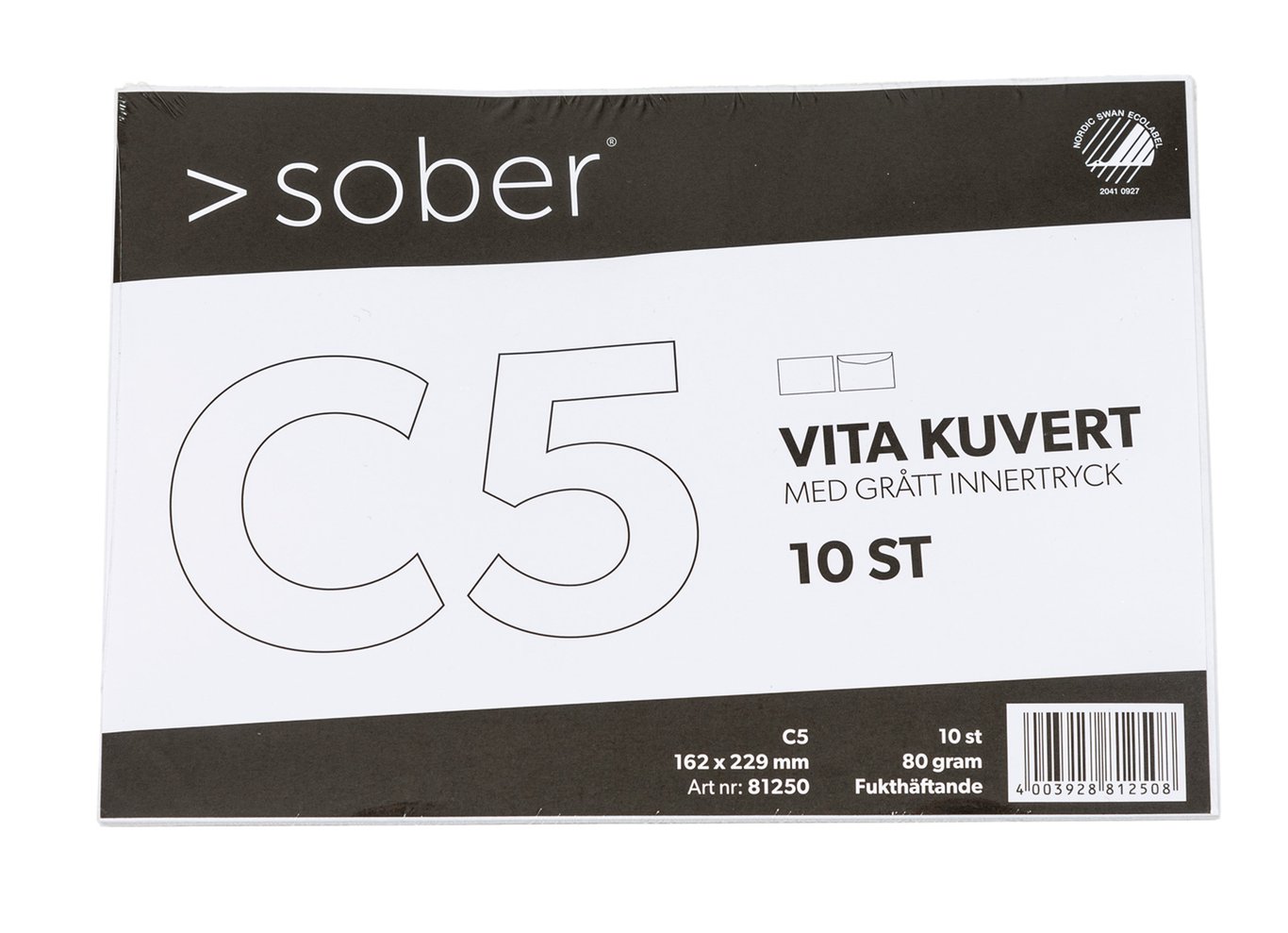 Vit kuvert Sober C5 med grått innertryck, 10 stycken, 80g