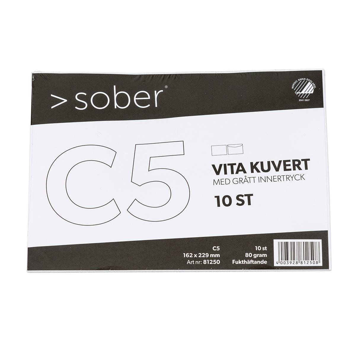 Vit kuvert Sober C5 med grått innertryck, 10 stycken, 80g