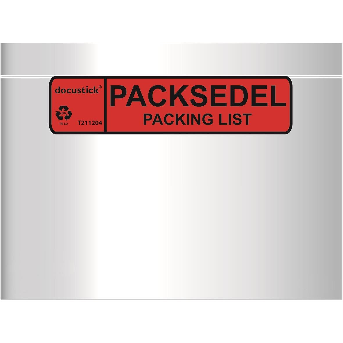 C6-packsedelskuvert med tryckt etikett i rött och svart