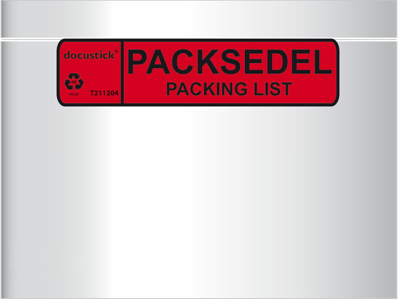 C6-packsedelskuvert med tryckt etikett i rött och svart