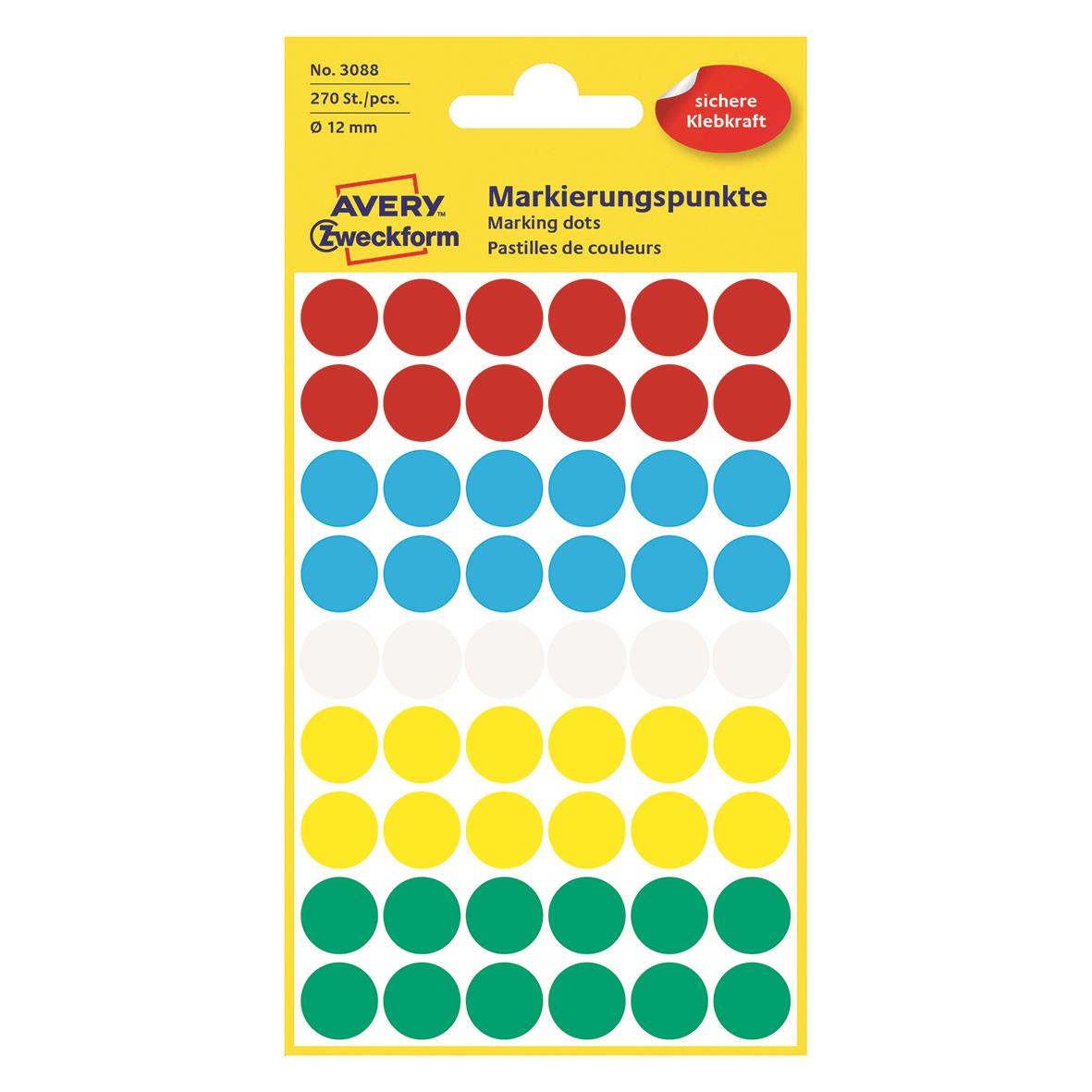 Etikett Avery färgsignal mixade färger, 12mm diameter, 30 stycken