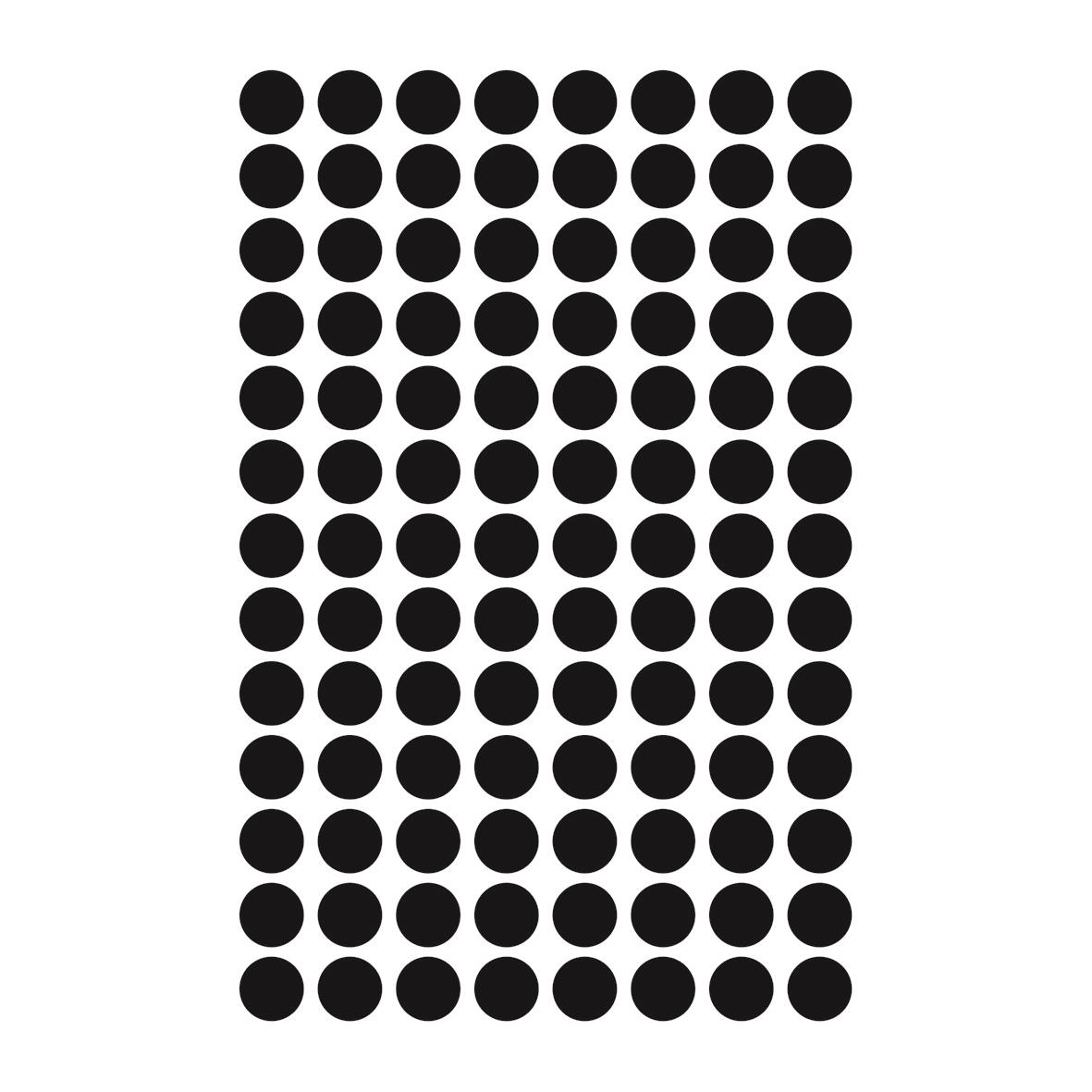 Svarta etiketter i cirkelform med diameter 8mm, organiserade i ett rutnät