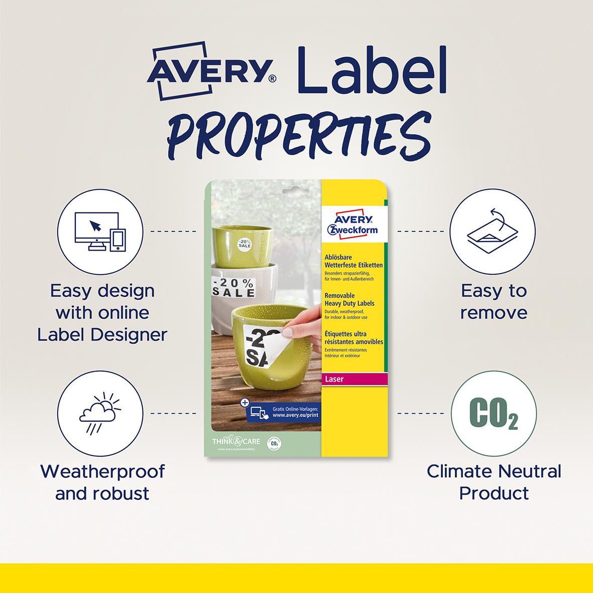 Vit laseretikett Avery L4775 avtagbar, 210x297mm, lätt att designa online, väderbeständig, klimatneutral