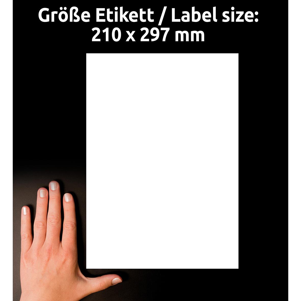 Vit avtagbar laseretikett i A4-storlek 210x297mm med hand för skala