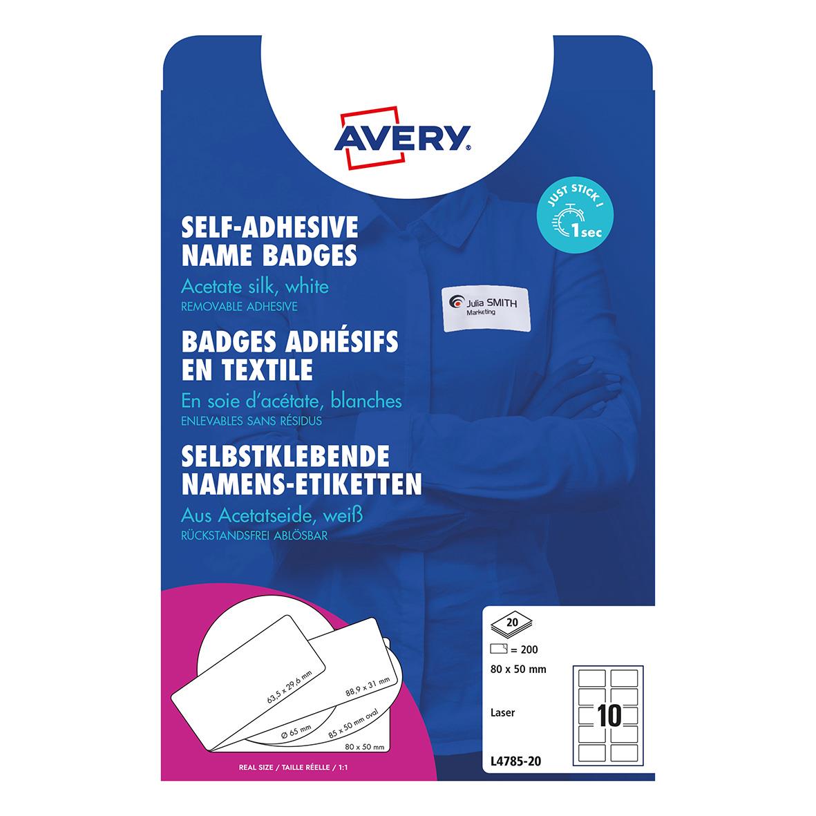 Namnskyltar Avery PVC-fritt sidenmaterial, avtagbara, vita, 80x50mm, självhäftande