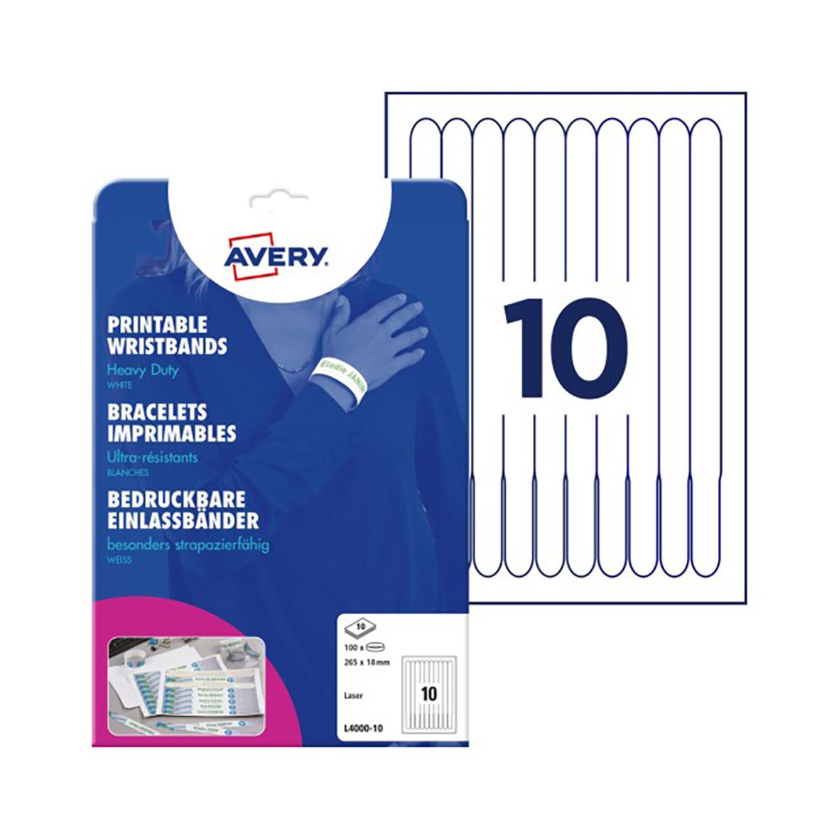 Vit handledsband Avery 265x18mm för A4, 10 st, tryckbara, tåliga