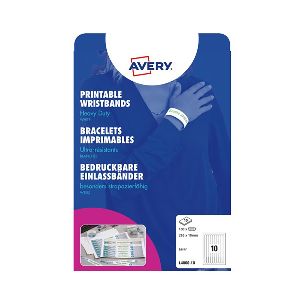 Vit handledsband Avery 265x18mm i A4-ark med förpackning