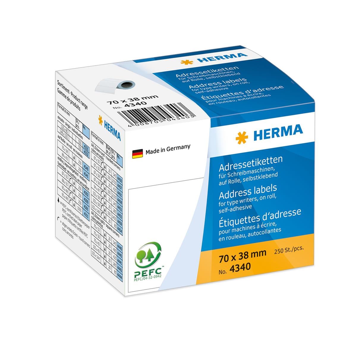 Herma adressetiketter 38x70 mm, 250 st, för skrivare och självhäftande användning