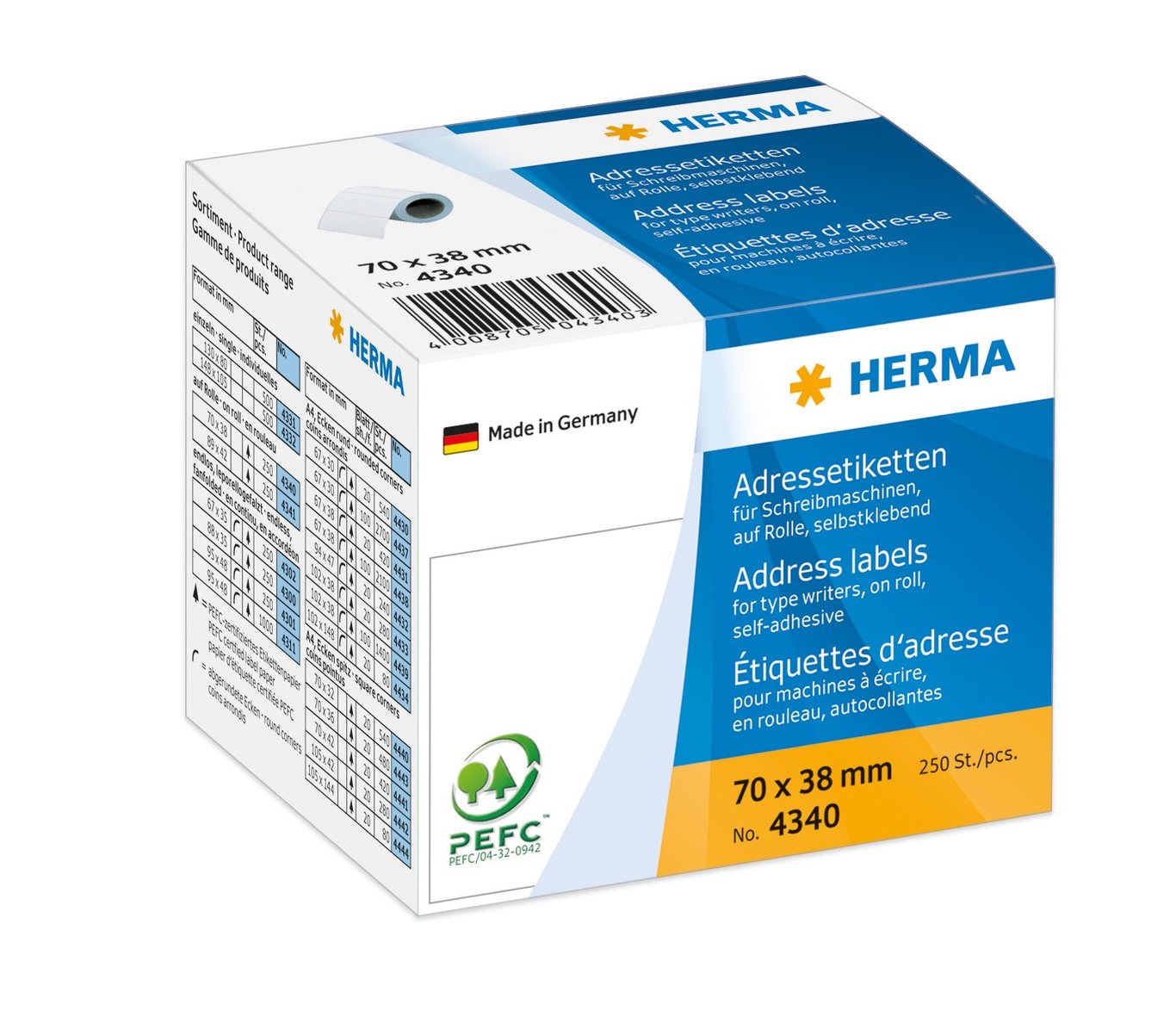 Herma adressetiketter 38x70 mm, 250 st, för skrivare och självhäftande användning