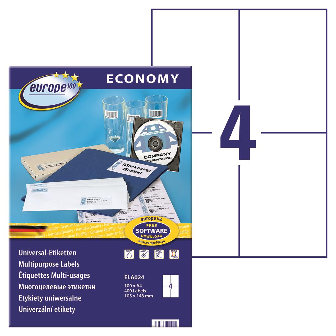 Förpackning med europeiska universaletiketter för multipurpose användning, 105x148,5mm, 4 ark