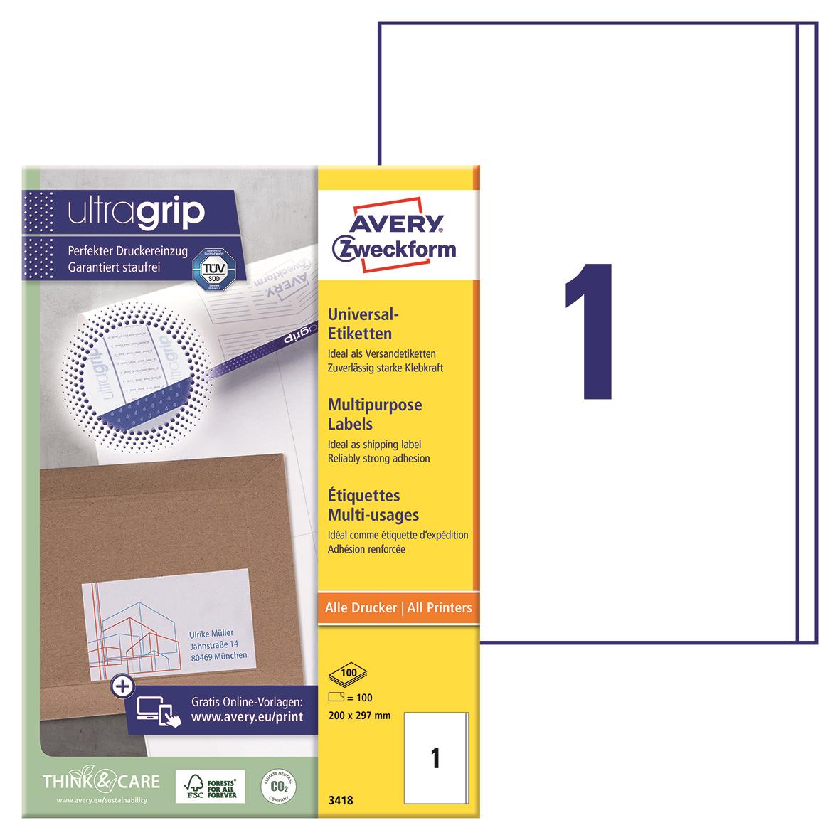 Vit universaletikett Avery 3418 200x297mm för alla skrivare