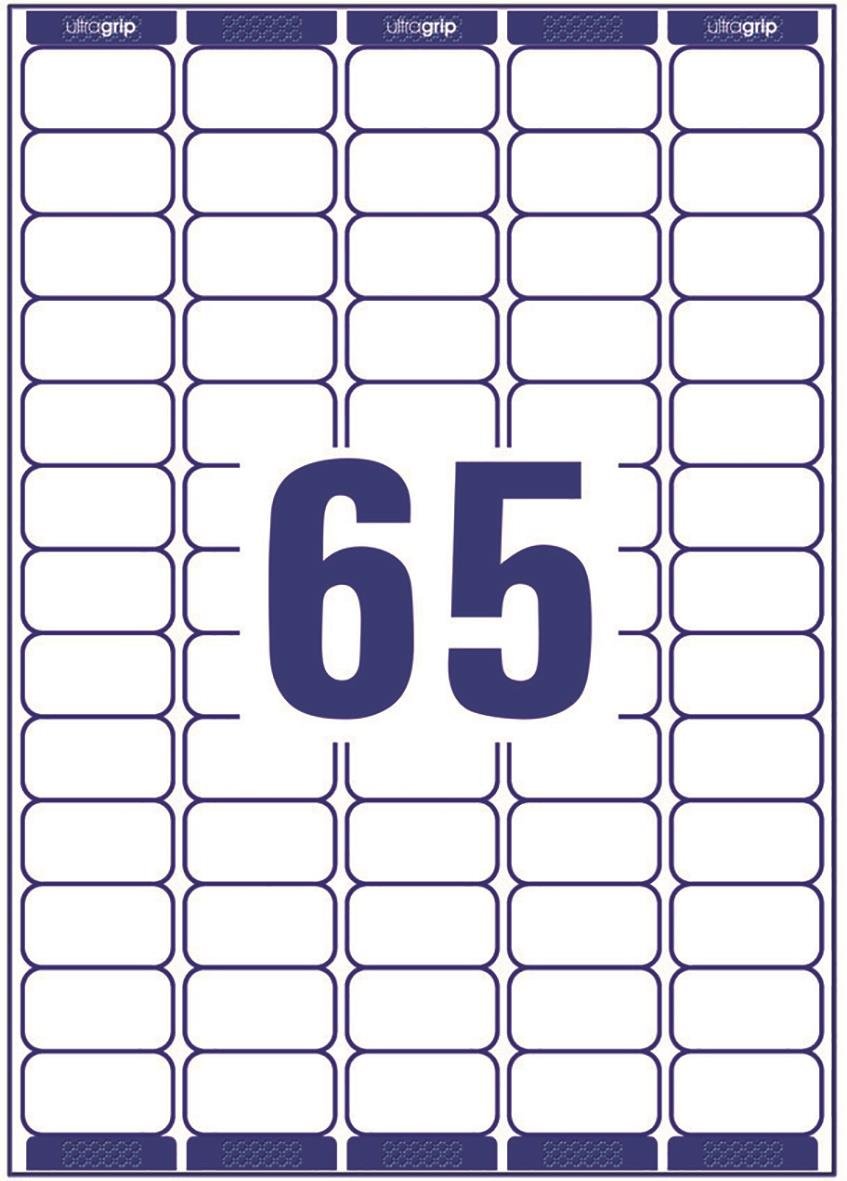 Laseretikett Avery L7651 QuickPEEL, 38,1x21,2mm, 65 etiketter per ark, blå text på vit bakgrund