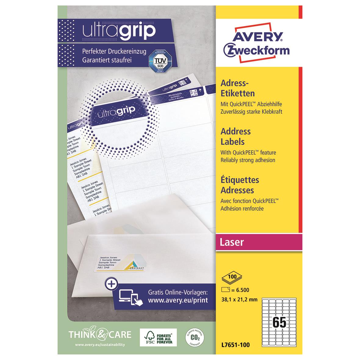 Laseretikett Avery L7651 QuickPEEL 38,1x21,2mm, för laser, 100 etiketter, starkt klister, snabbavlägsnande
