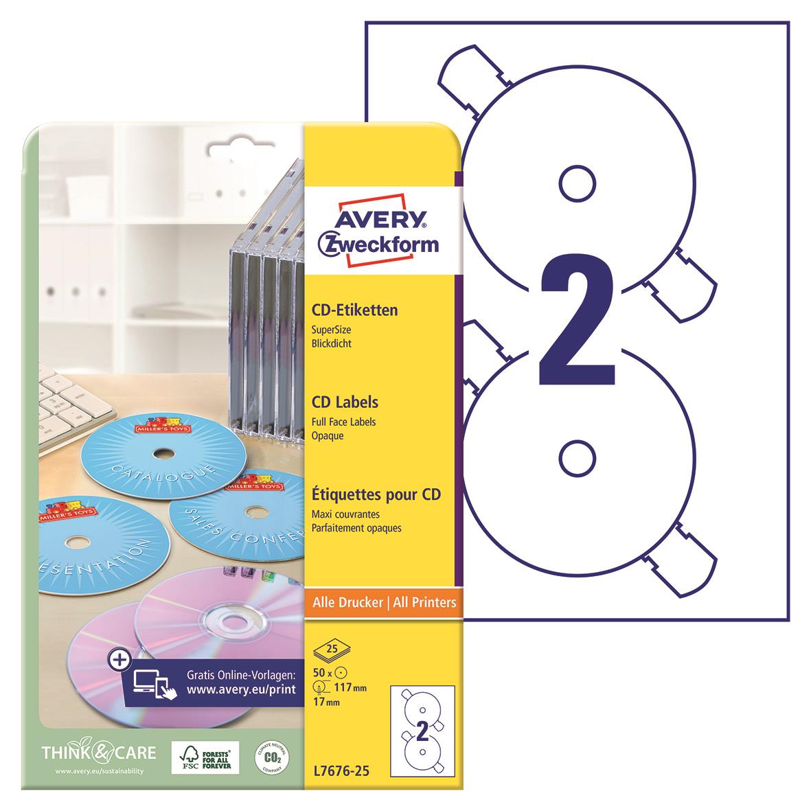 Avery L7676 CD-etiketter med full face vit, 2 etiketter per blad, i förpackning