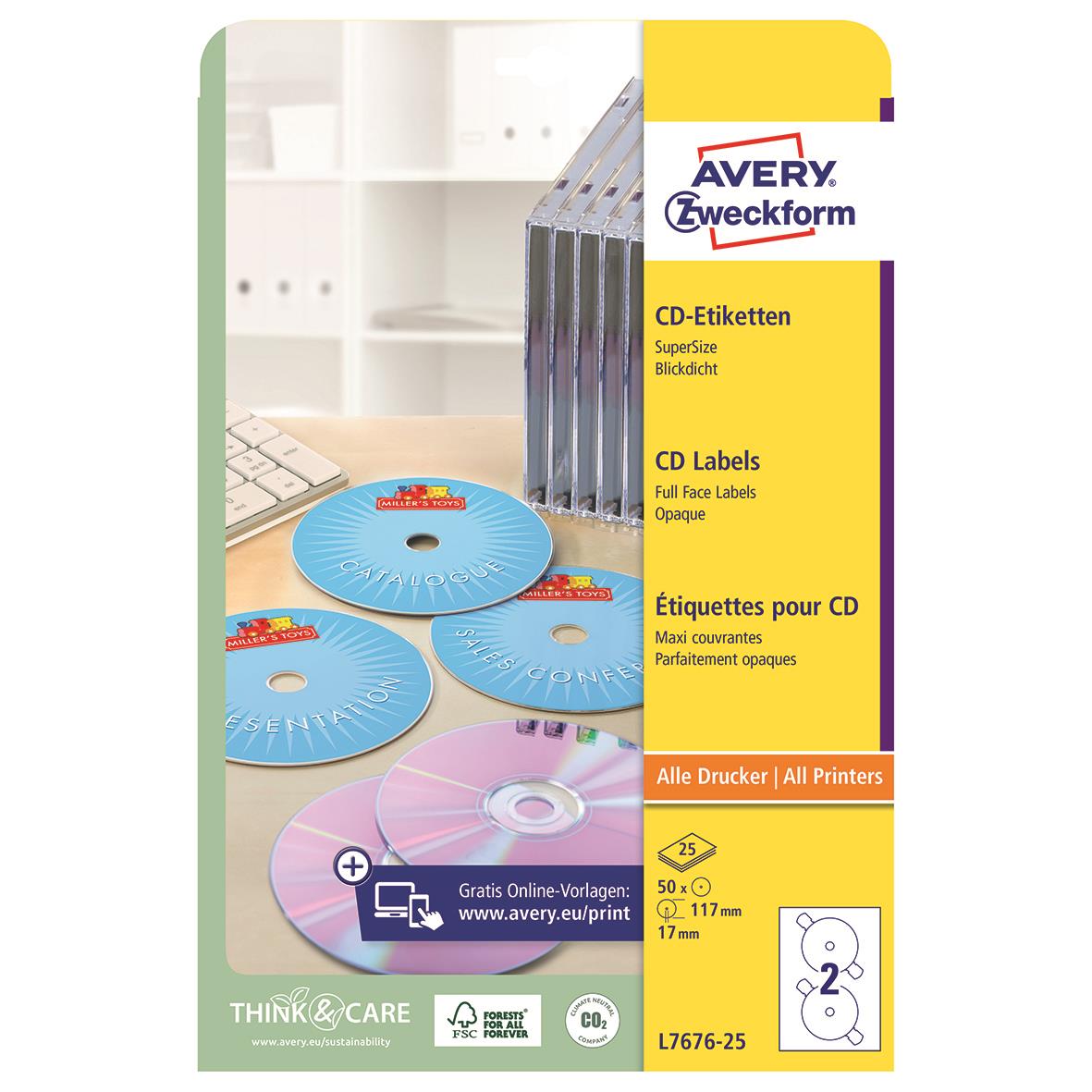 Avery L7676 CD-etiketter med full face vit yta, 25 etiketter per ark, 50 ark, 17x117 mm, för alla skrivare, inklusive online-tryck
