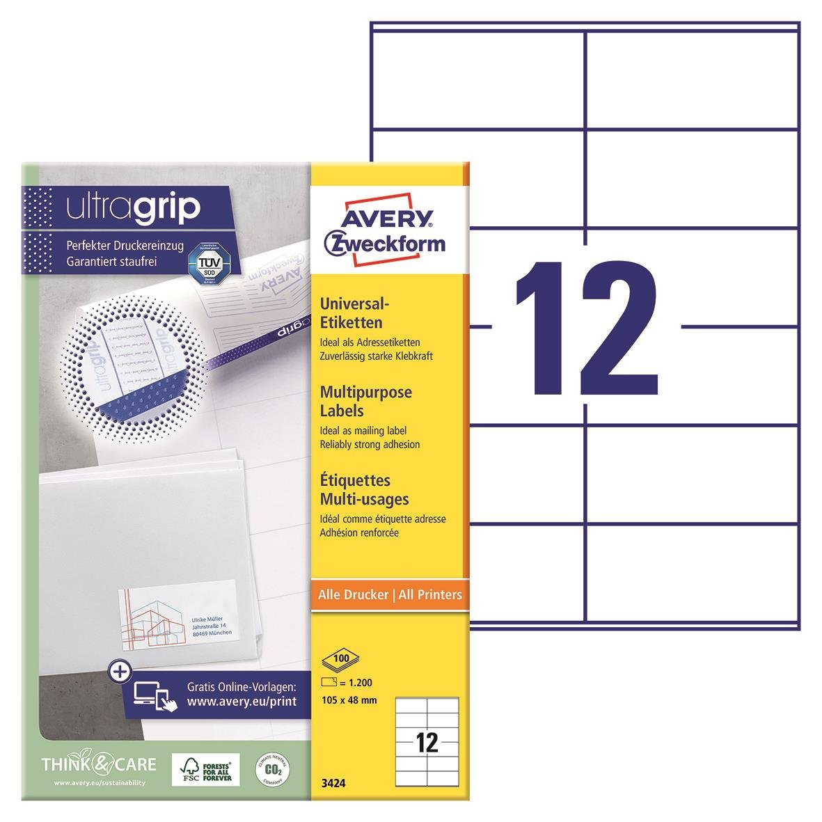 Vit universaletikett Avery 3424 105x48mm för alla skrivare, 12 etiketter per ark