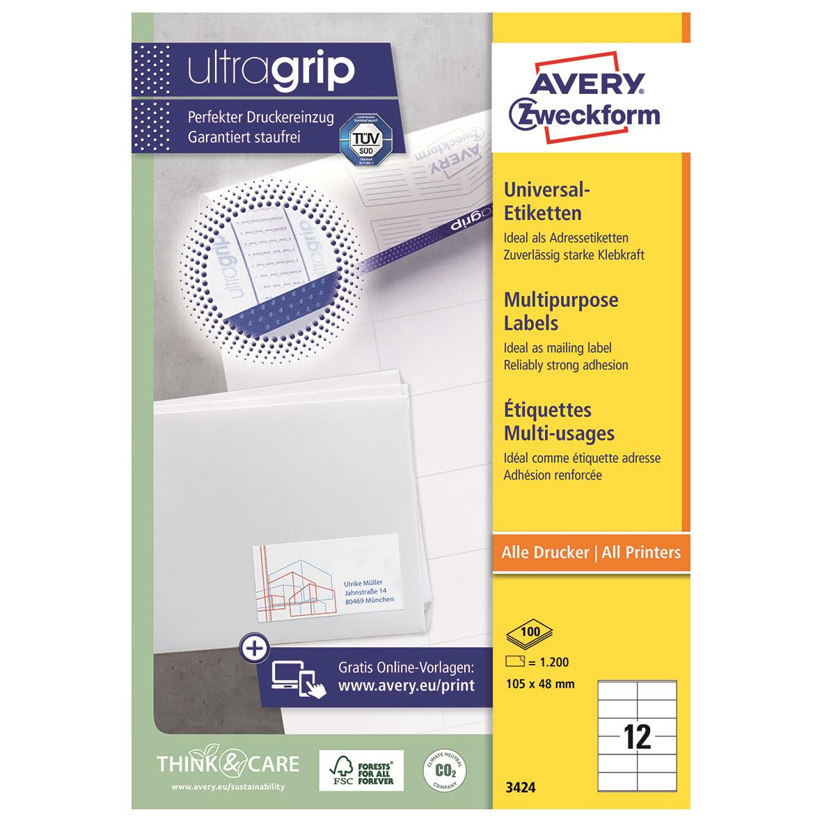 Vit universaletikett Avery 3424 105x48mm för alla skrivare, starkt klister, 100 etiketter per förpackning