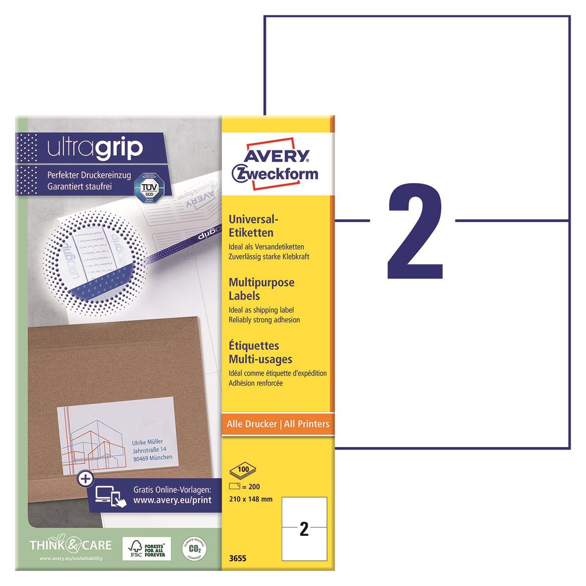 Vit universaletikett för skrivare, 210x148mm, 2 etiketter per ark, Avery 3655