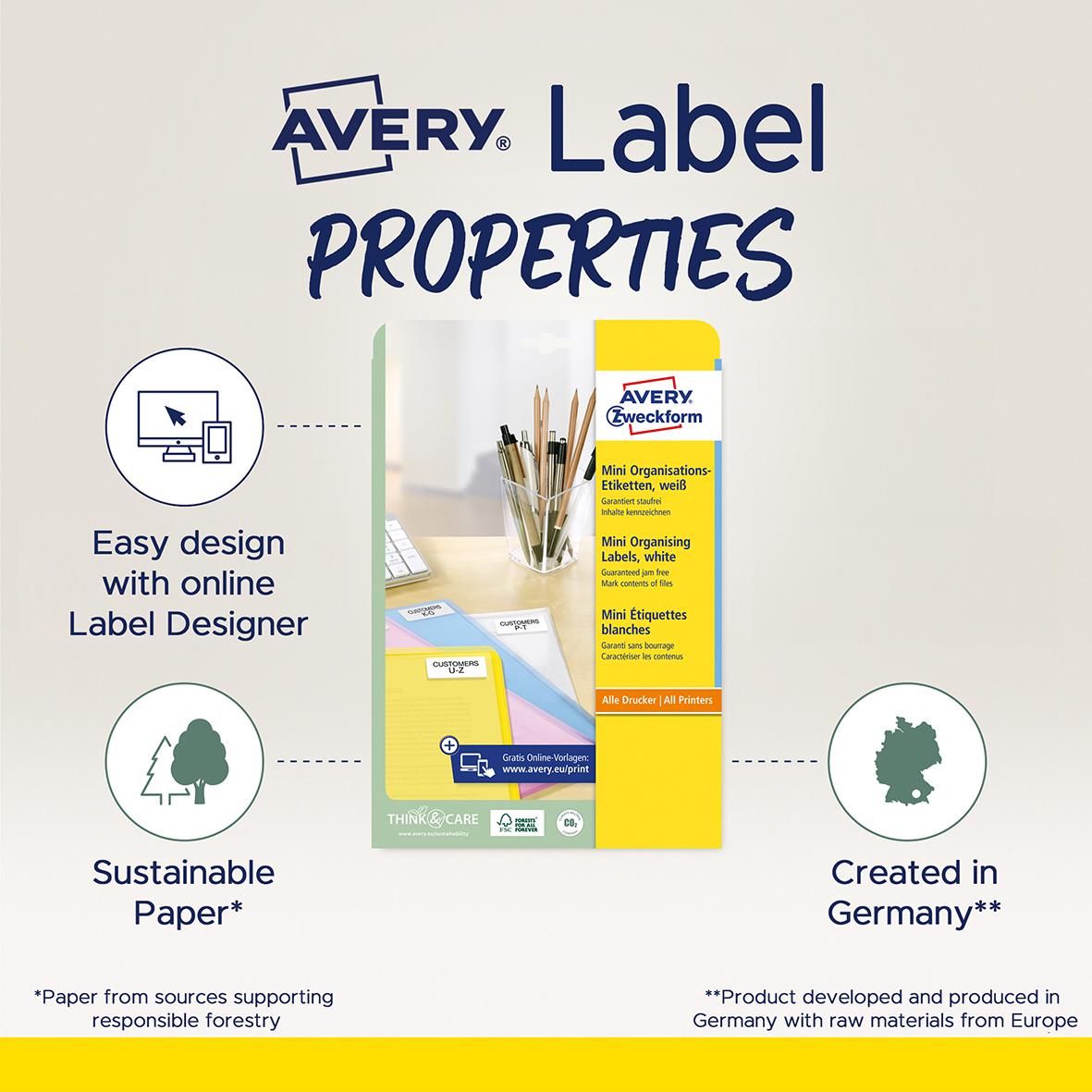 Vit etikett Avery L7656 46x11,1 mm för organisering och märkning, hållbart papper, designad i Tyskland