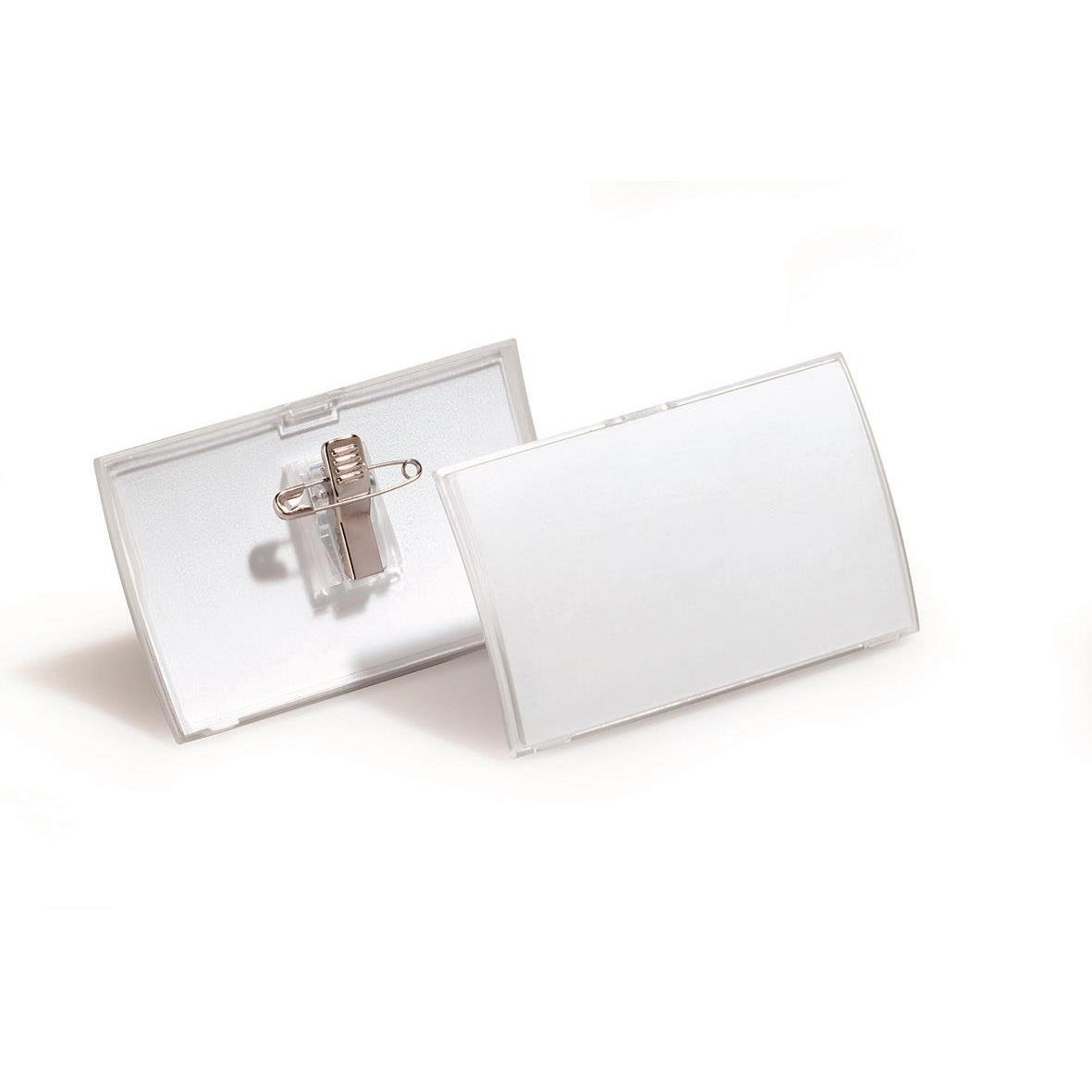 Namnskylt Durable Clic Fold med nål och klämma, 90x54 mm, visas fram och bak