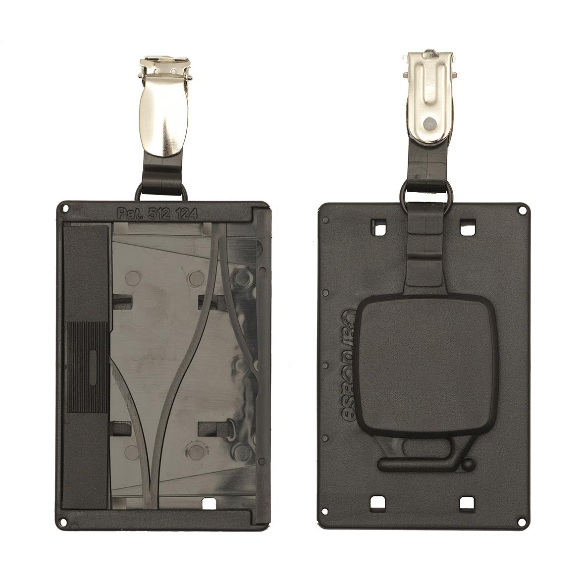 Svart korthållare Cardkeep med yoyo och strip, mått 132x58mm, sett fram och bak